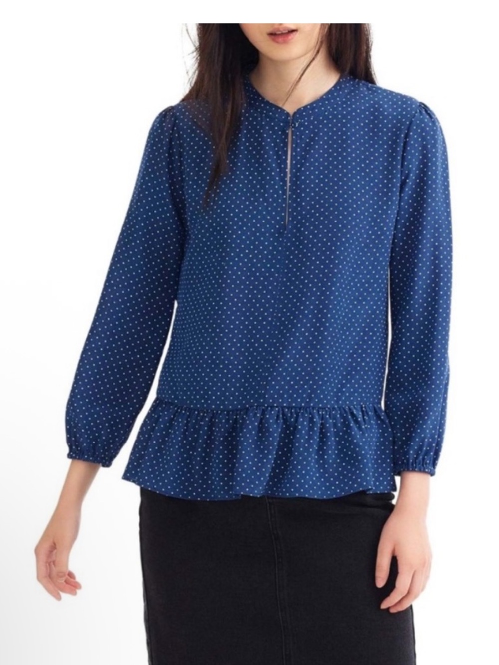 J Crew Silk Navy peplum top blouse in polka dot NWOT